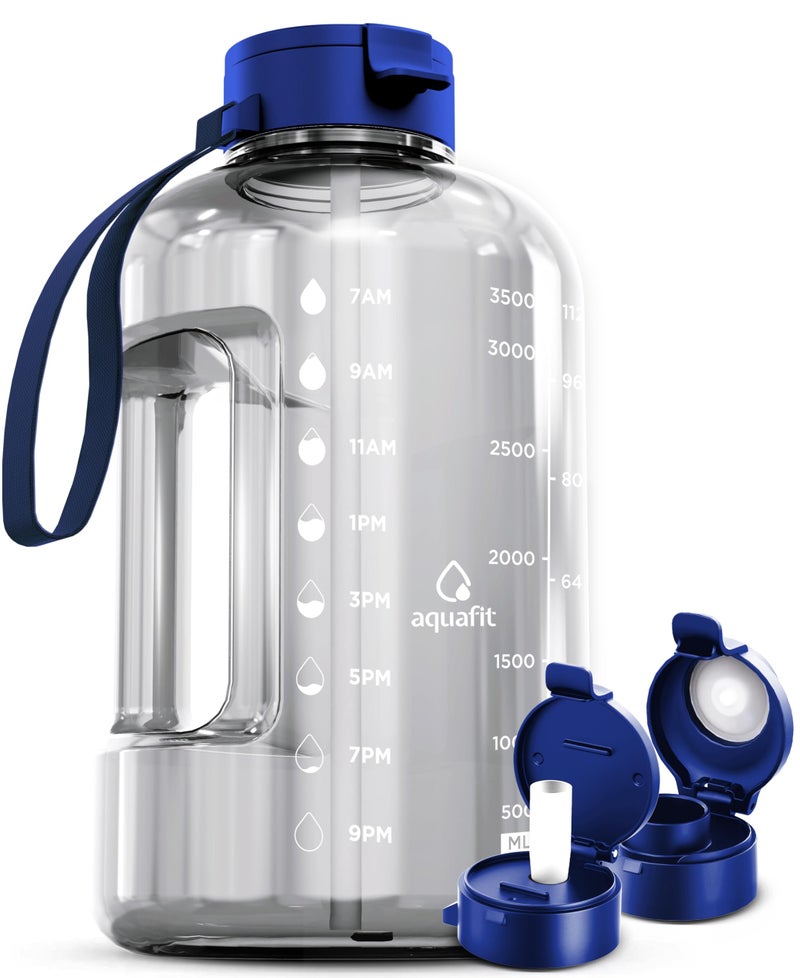 AQUAFIT 1 Gallon Water Bottle with Time Marker - Straw & Chug Lid - BPA Free Gym Water Bottle with Straw - Big Gallon Jug (Clarity, 128 oz - 2 Lids) - Image 1